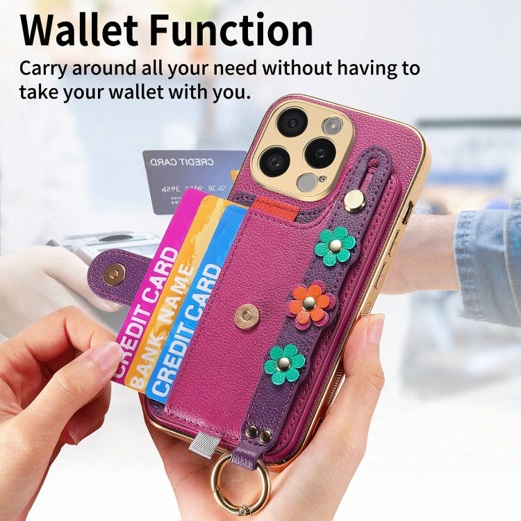 For iPhone 13 Stereoscopic Flowers Wristband Card Bag Phone Case