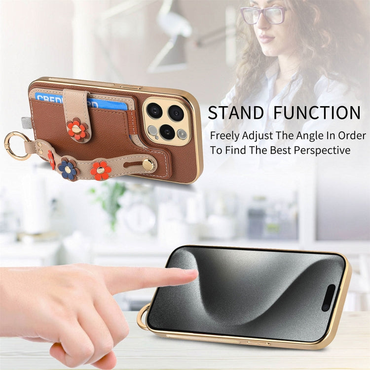 For iPhone 13 Stereoscopic Flowers Wristband Card Bag Phone Case