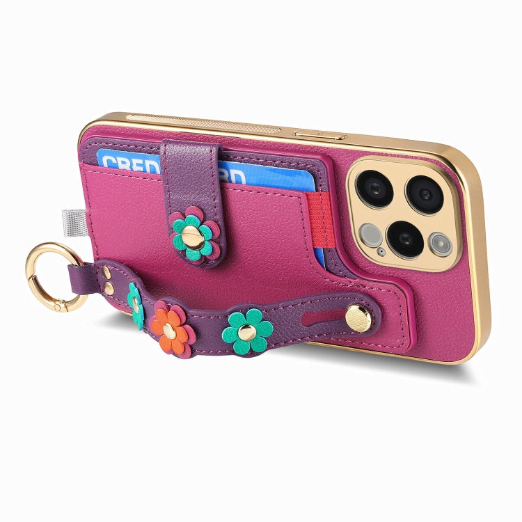 For iPhone 13 Pro Max Stereoscopic Flowers Wristband Card Bag Phone Case