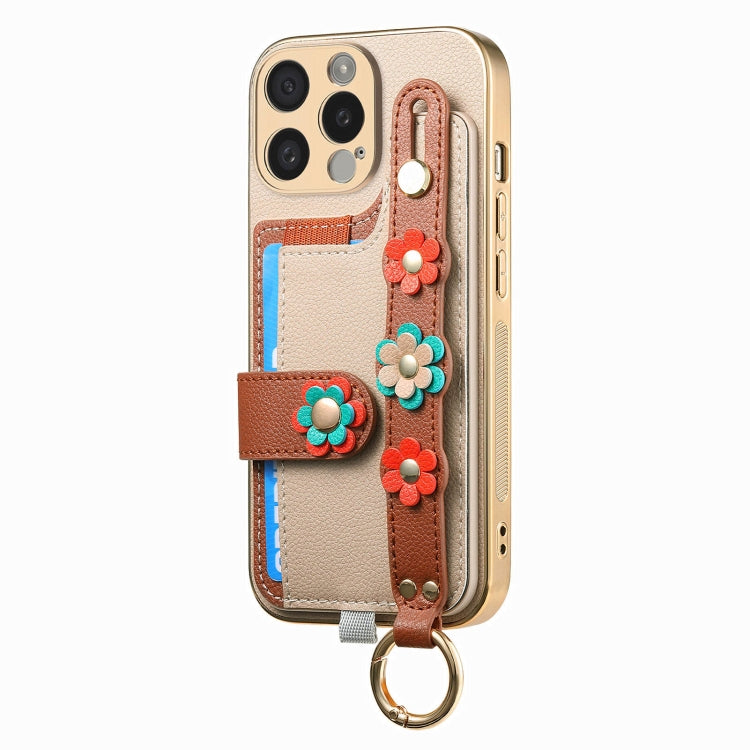 For iPhone 13 Pro Max Stereoscopic Flowers Wristband Card Bag Phone Case