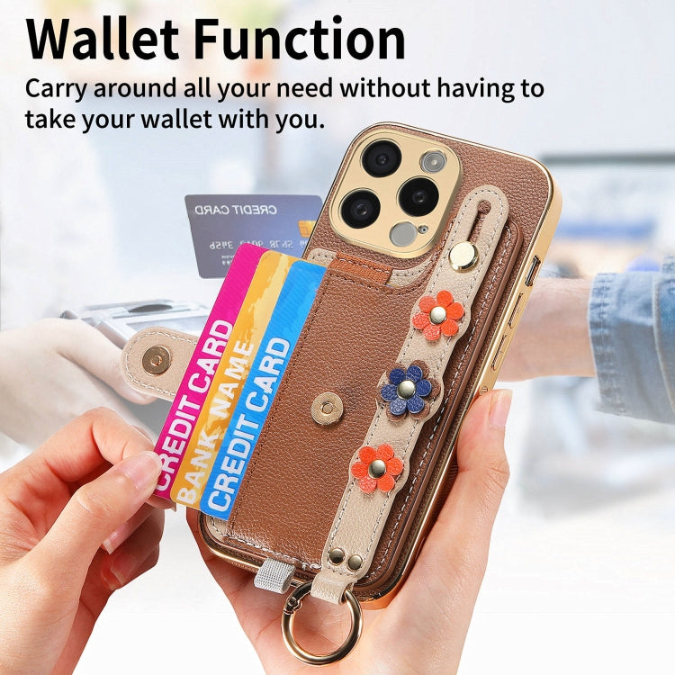 For iPhone 13 Pro Max Stereoscopic Flowers Wristband Card Bag Phone Case