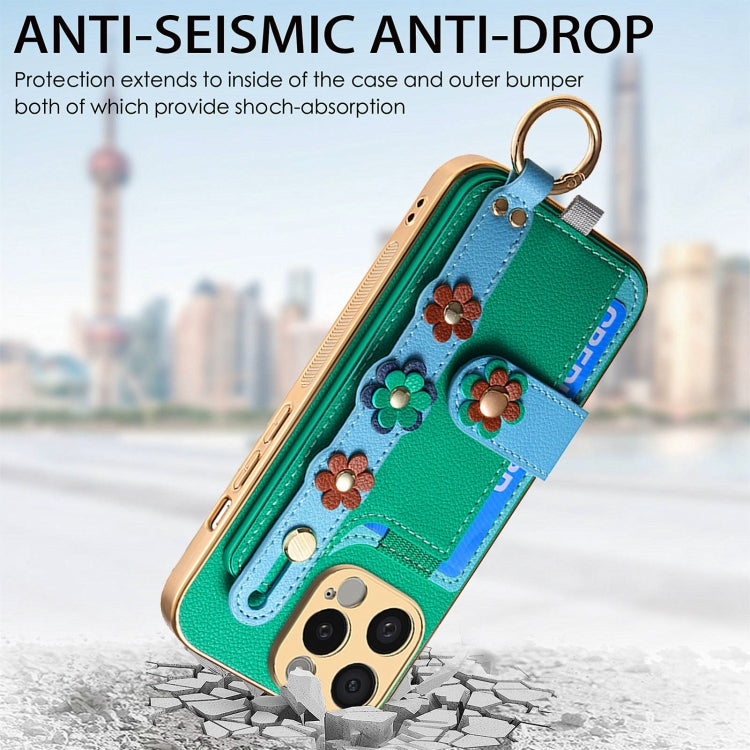For iPhone 13 Pro Max Stereoscopic Flowers Wristband Card Bag Phone Case