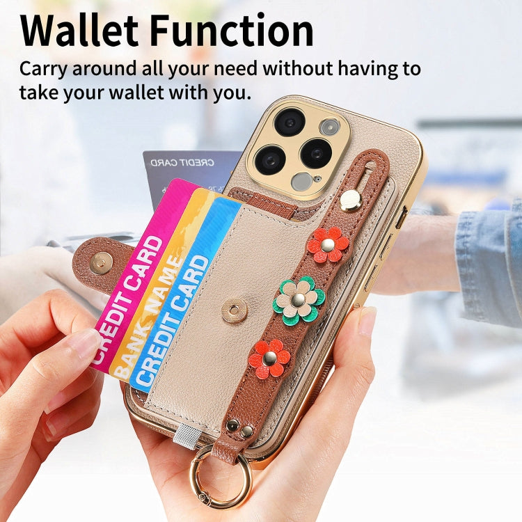 For iPhone 12 Pro Max Stereoscopic Flowers Wristband Card Bag Phone Case