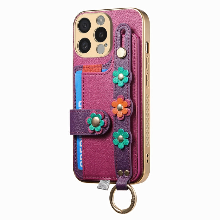 For iPhone 11 Stereoscopic Flowers Wristband Card Bag Phone Case