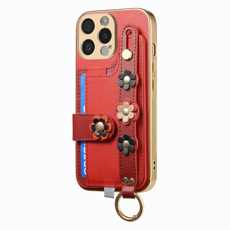 For iPhone 11 Pro Stereoscopic Flowers Wristband Card Bag Phone Case
