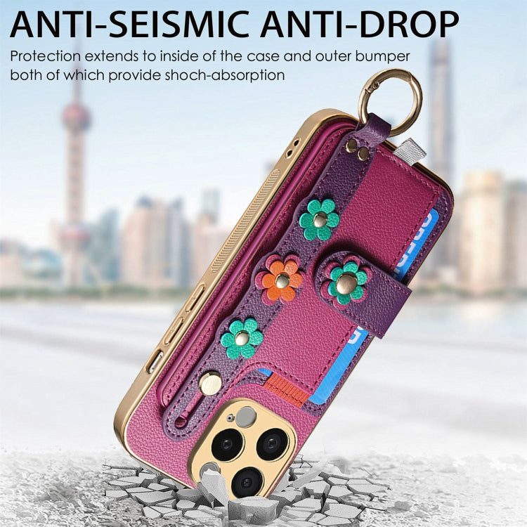 For iPhone 11 Pro Max Stereoscopic Flowers Wristband Card Bag Phone Case