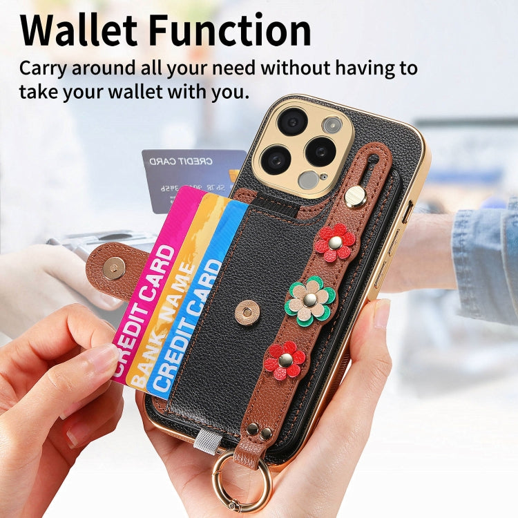 For iPhone 11 Pro Max Stereoscopic Flowers Wristband Card Bag Phone Case