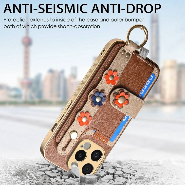 For iPhone 11 Pro Max Stereoscopic Flowers Wristband Card Bag Phone Case