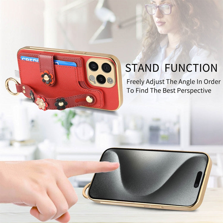For iPhone 11 Pro Max Stereoscopic Flowers Wristband Card Bag Phone Case