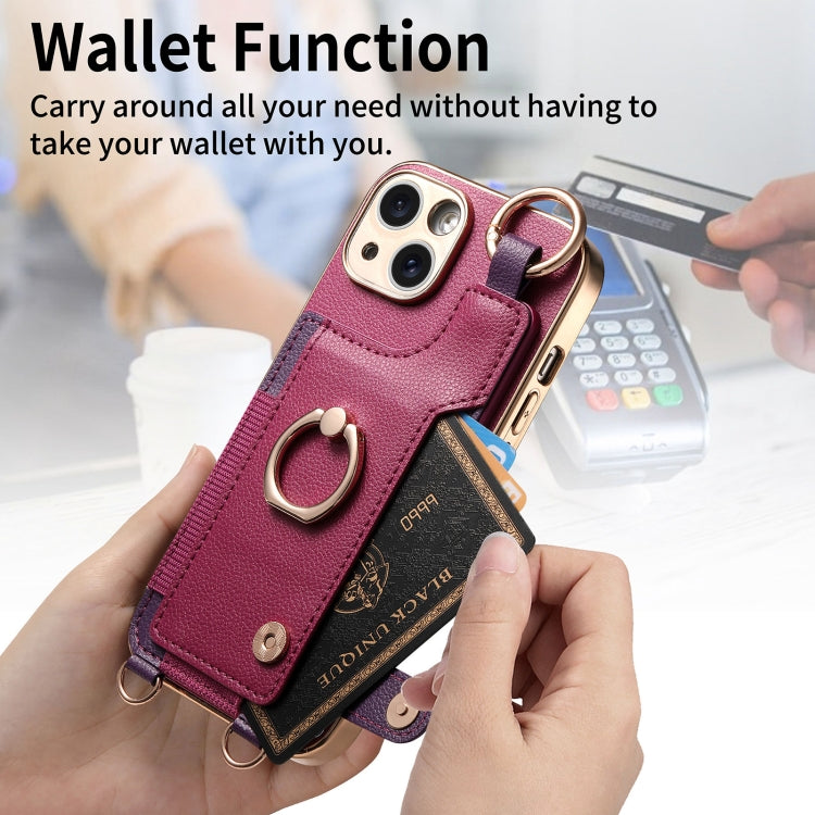 For iPhone 14 Plus Fashion Ring Card Bag Phone Case with Hang Loop