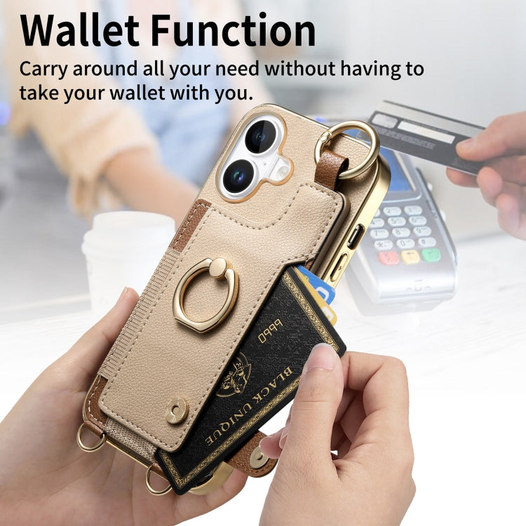For iPhone 16 Fashion Ring Card Bag Phone Case with Hang Loop