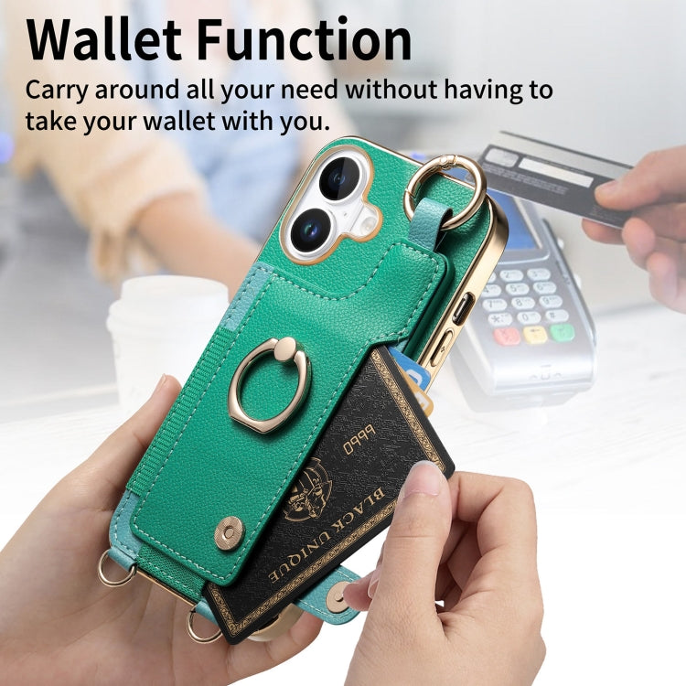 For iPhone 16 Fashion Ring Card Bag Phone Case with Hang Loop