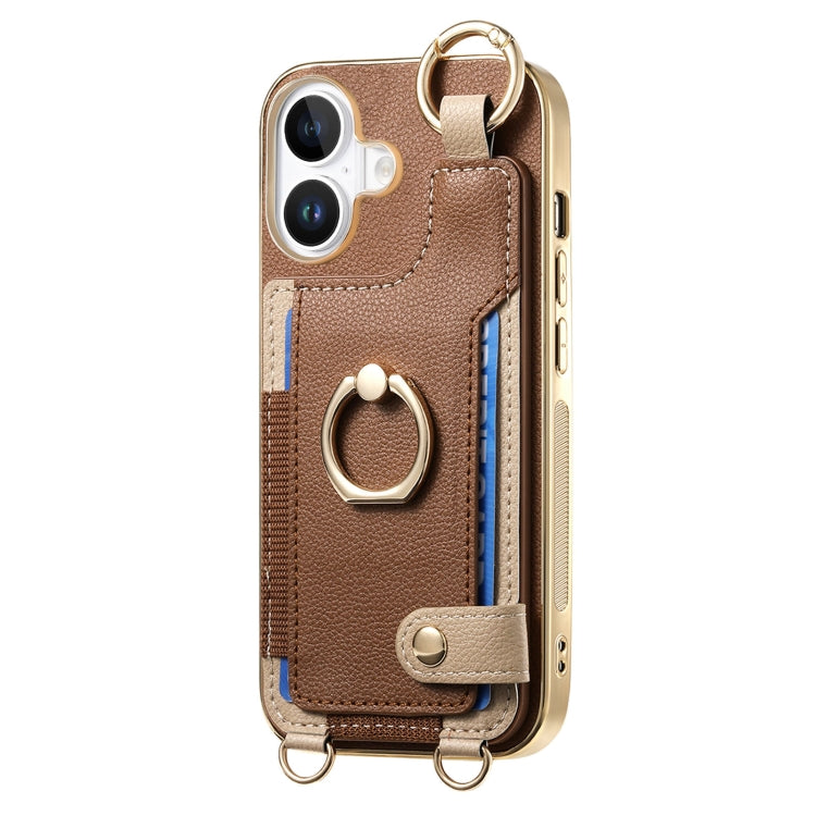 For iPhone 16 Plus Fashion Ring Card Bag Phone Case with Hang Loop