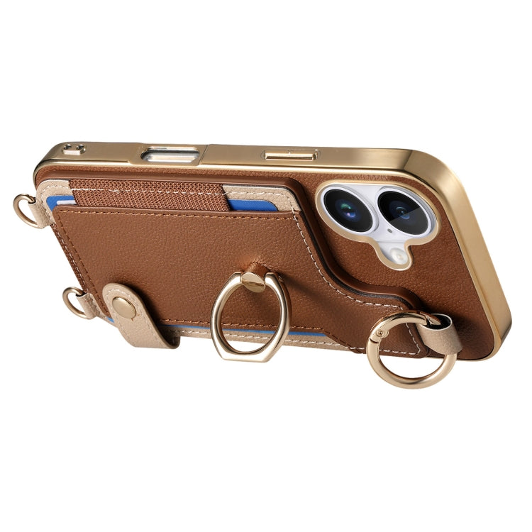 For iPhone 16 Plus Fashion Ring Card Bag Phone Case with Hang Loop