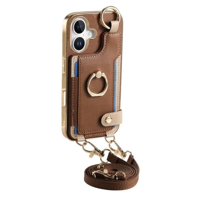For iPhone 16 Plus Fashion Ring Card Bag Phone Case with Hang Loop