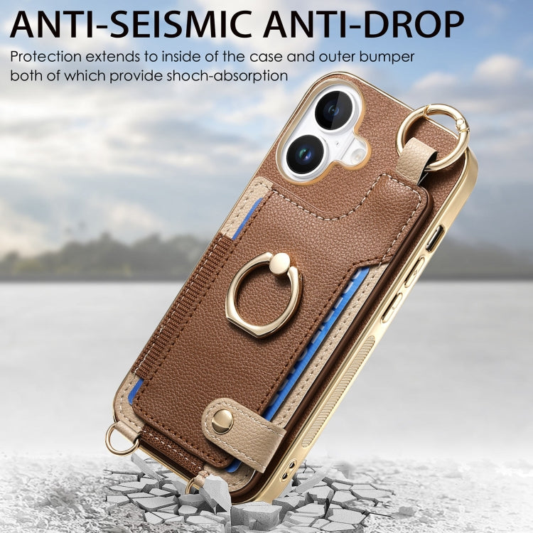 For iPhone 16 Plus Fashion Ring Card Bag Phone Case with Hang Loop
