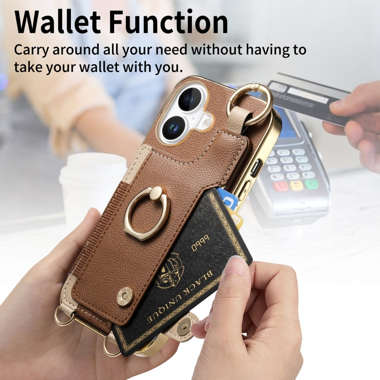For iPhone 16 Plus Fashion Ring Card Bag Phone Case with Hang Loop