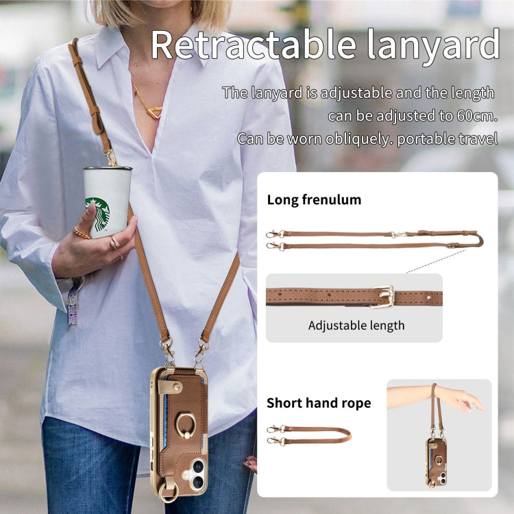 For iPhone 16 Plus Fashion Ring Card Bag Phone Case with Hang Loop