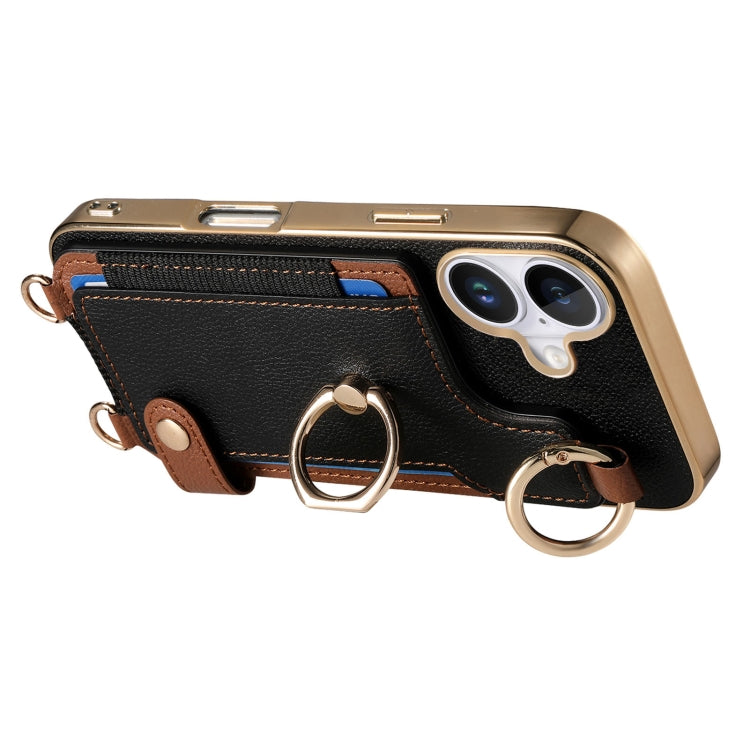 For iPhone 16 Plus Fashion Ring Card Bag Phone Case with Hang Loop
