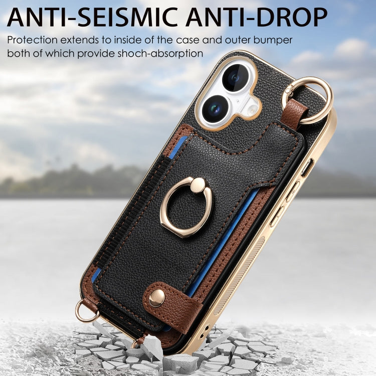 For iPhone 16 Plus Fashion Ring Card Bag Phone Case with Hang Loop