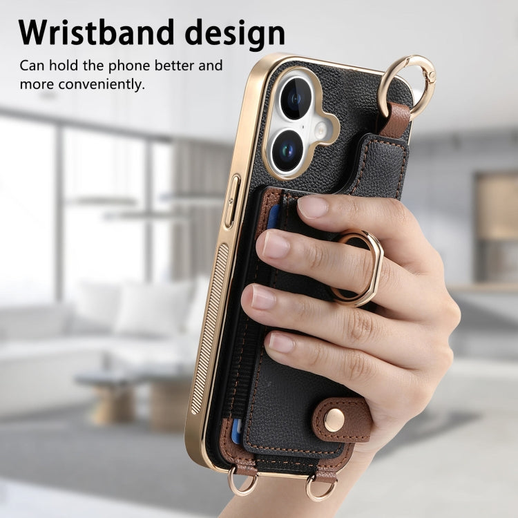 For iPhone 16 Plus Fashion Ring Card Bag Phone Case with Hang Loop