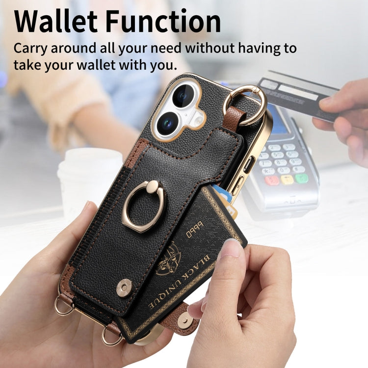 For iPhone 16 Plus Fashion Ring Card Bag Phone Case with Hang Loop