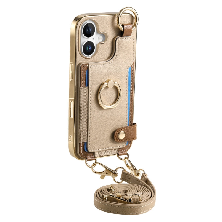 For iPhone 16 Plus Fashion Ring Card Bag Phone Case with Hang Loop