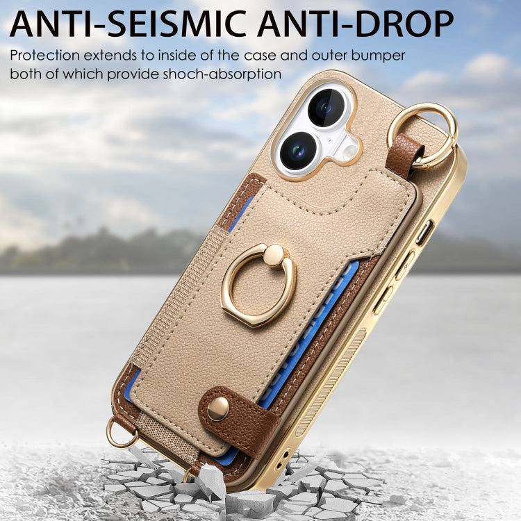 For iPhone 16 Plus Fashion Ring Card Bag Phone Case with Hang Loop