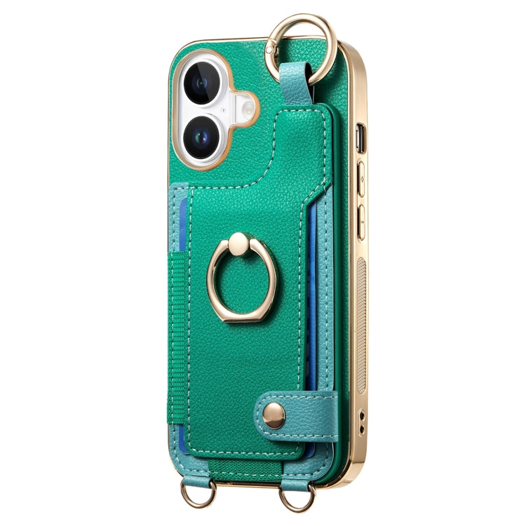 For iPhone 16 Plus Fashion Ring Card Bag Phone Case with Hang Loop