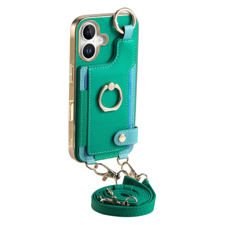 For iPhone 16 Plus Fashion Ring Card Bag Phone Case with Hang Loop