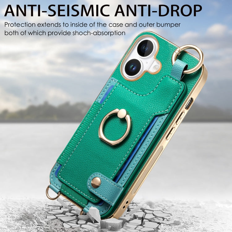 For iPhone 16 Plus Fashion Ring Card Bag Phone Case with Hang Loop