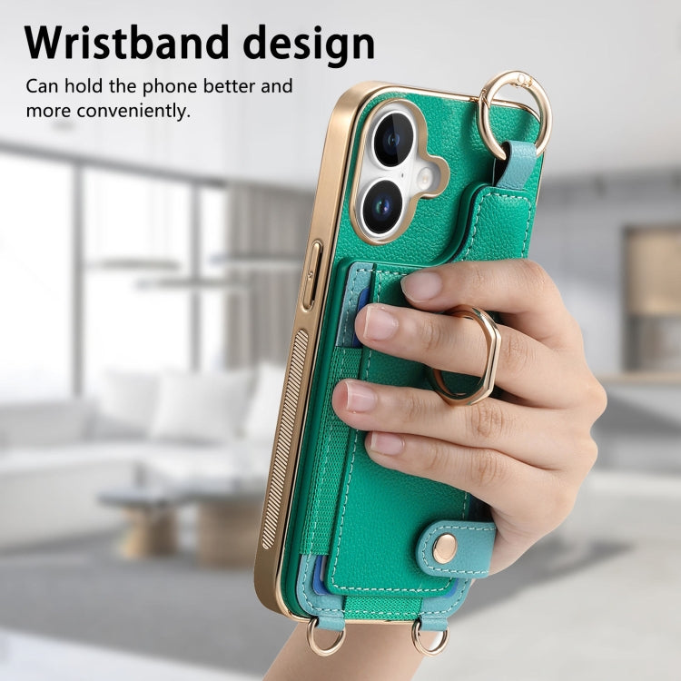 For iPhone 16 Plus Fashion Ring Card Bag Phone Case with Hang Loop