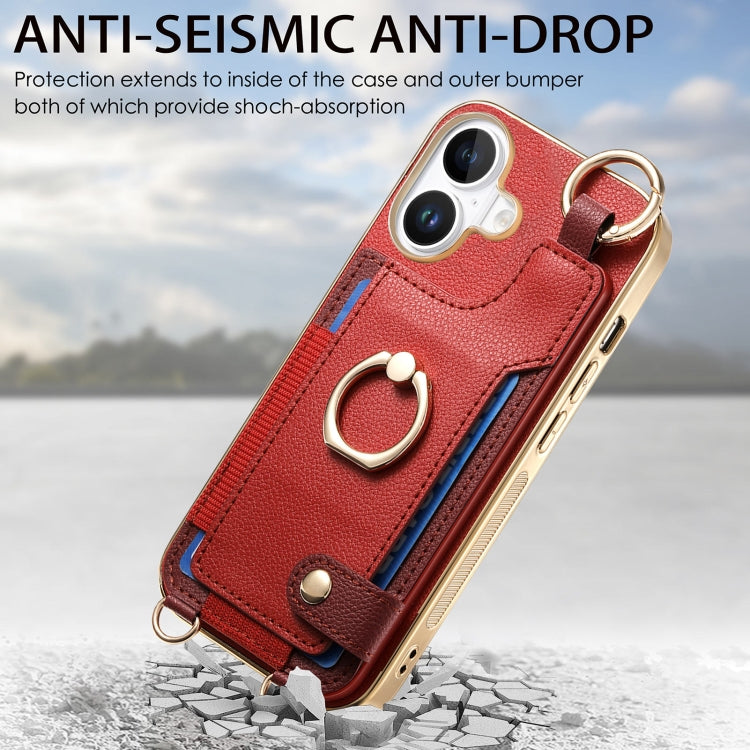 For iPhone 16 Plus Fashion Ring Card Bag Phone Case with Hang Loop