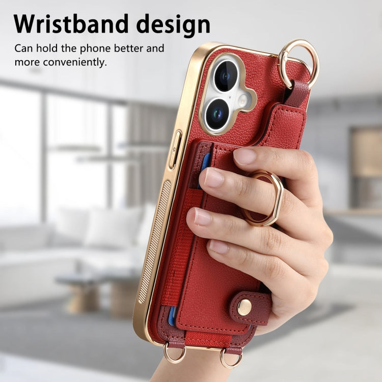 For iPhone 16 Plus Fashion Ring Card Bag Phone Case with Hang Loop
