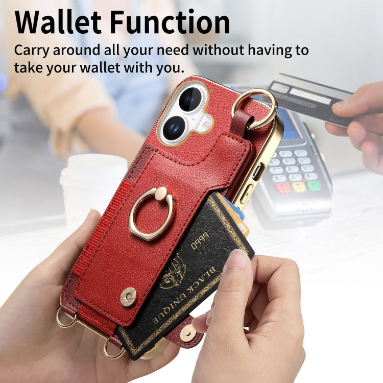 For iPhone 16 Plus Fashion Ring Card Bag Phone Case with Hang Loop