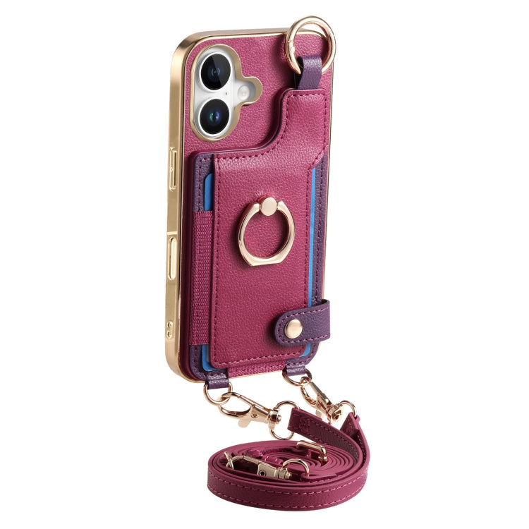 For iPhone 16 Plus Fashion Ring Card Bag Phone Case with Hang Loop