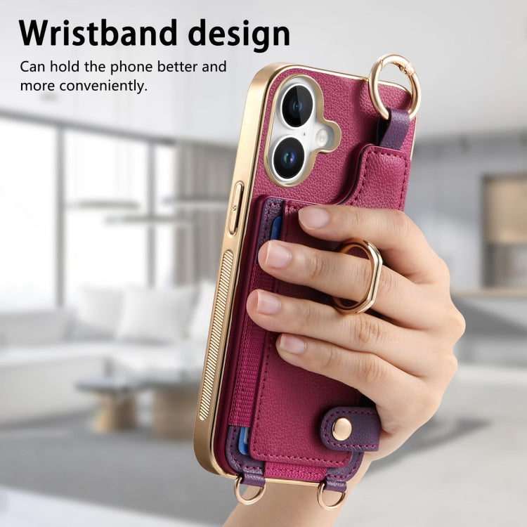 For iPhone 16 Plus Fashion Ring Card Bag Phone Case with Hang Loop