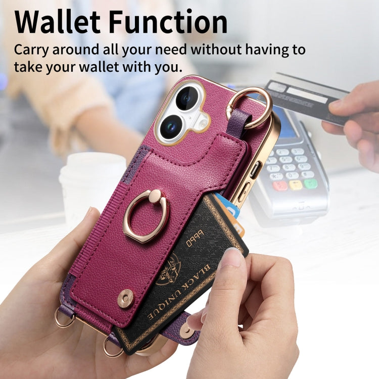 For iPhone 16 Plus Fashion Ring Card Bag Phone Case with Hang Loop