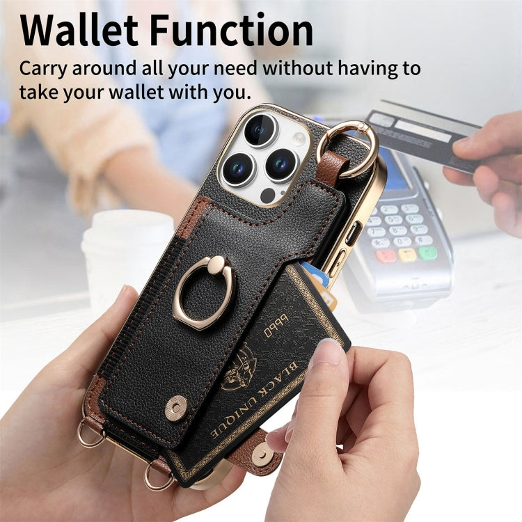 For iPhone 16 Pro Fashion Ring Card Bag Phone Case with Hang Loop