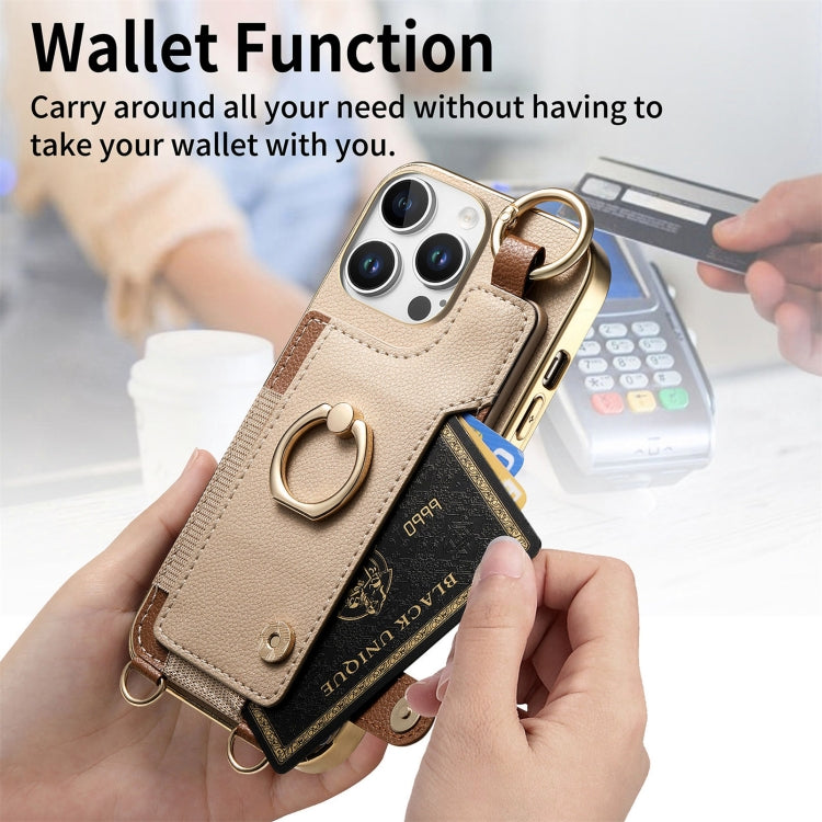 For iPhone 16 Pro Fashion Ring Card Bag Phone Case with Hang Loop