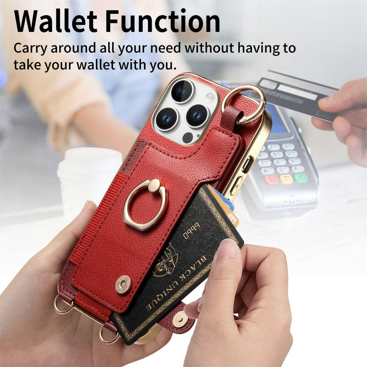 For iPhone 16 Pro Fashion Ring Card Bag Phone Case with Hang Loop