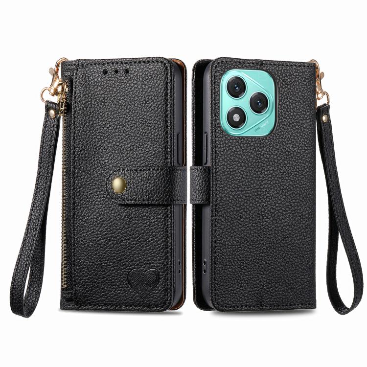 For Honor 400 Lite Global Love Zipper Lanyard Leather Phone Case