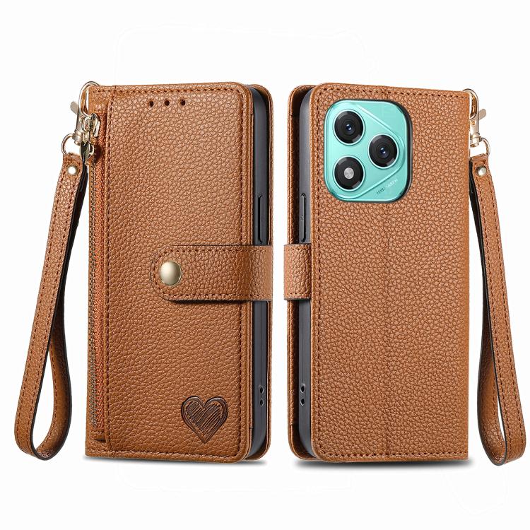 For Honor 400 Lite Global Love Zipper Lanyard Leather Phone Case