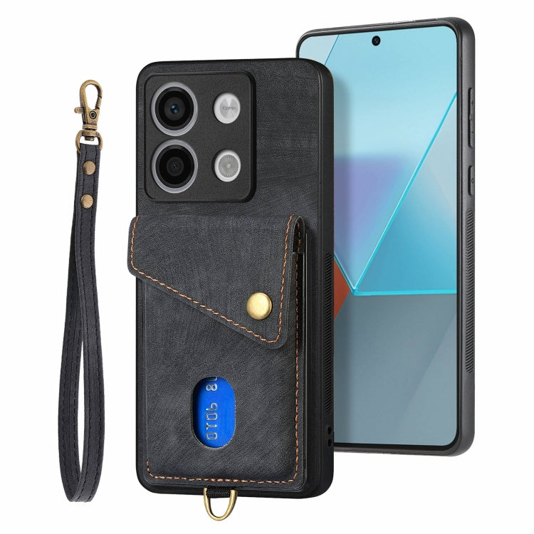 For Xiaomi Redmi Note 13 4G Retro Card Wallet Fold Leather Phone Case with Strap