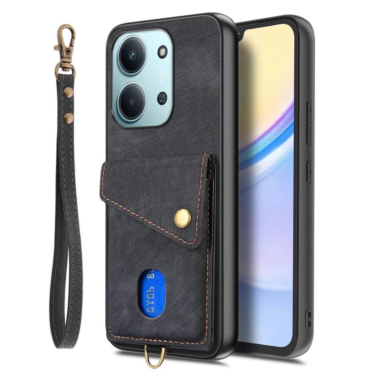 For Redmi 15C 5G / 4G Glodal 171mm Retro Card Wallet Fold Leather Phone Case with Strap