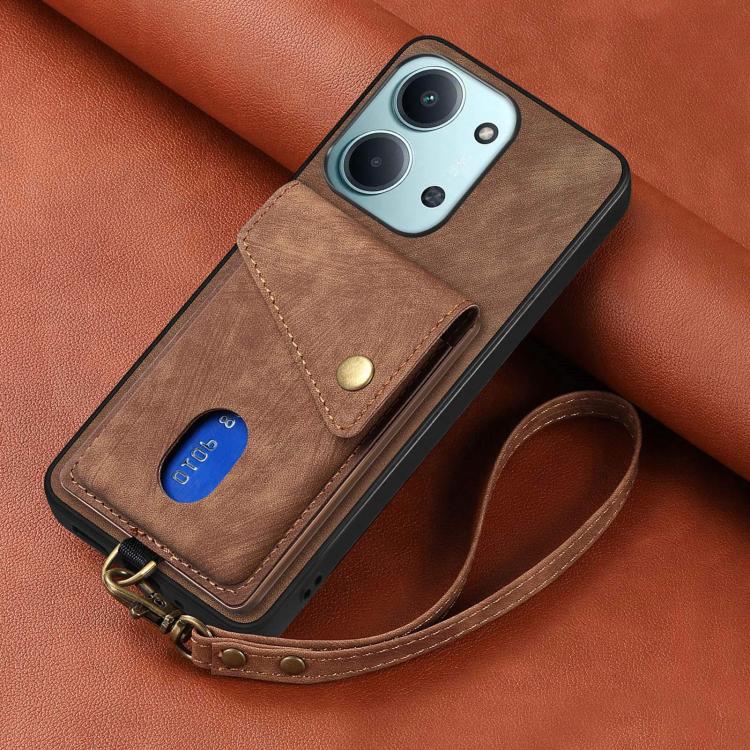For Redmi 15C 5G / 4G Glodal 171mm Retro Card Wallet Fold Leather Phone Case with Strap