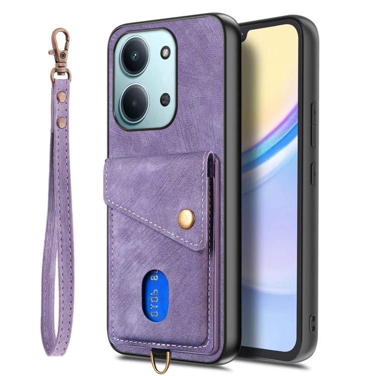 For Redmi 15C 5G / 4G Glodal 171mm Retro Card Wallet Fold Leather Phone Case with Strap