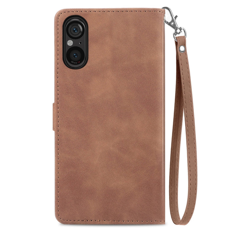 For Sony Xperia 5 V Embossed Flower Zipper Leather Phone Case