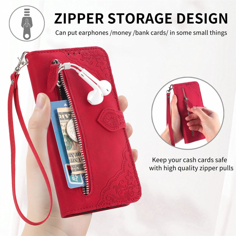For Sony Xperia 10 IV Embossed Flower Zipper Leather Phone Case