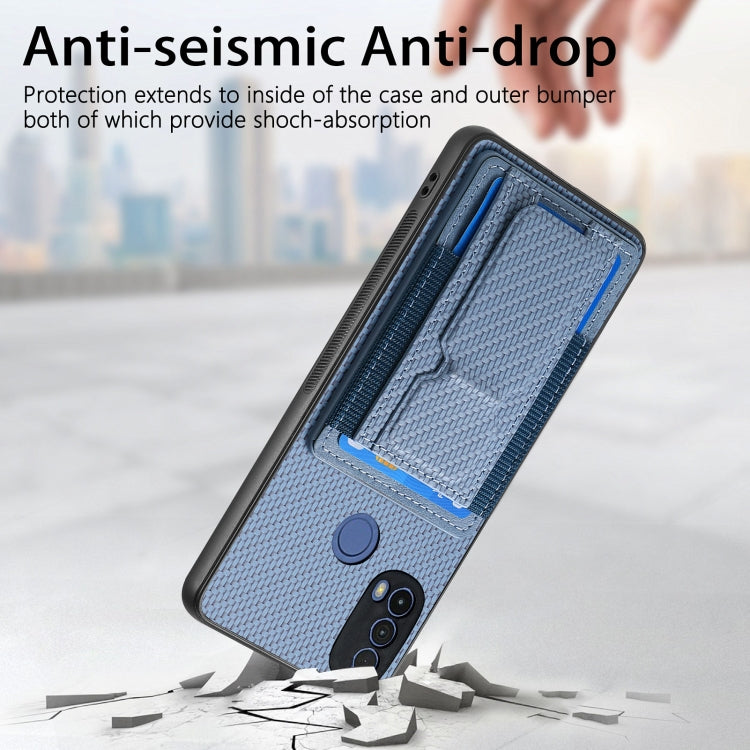 For Motorola Moto E20/E30 Carbon Fiber Fold Stand Elastic Card Bag Phone Case